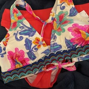 Cupshe NWT XL Floral Halter Bikini Top & ribbed highwaist tummy contour bottoms